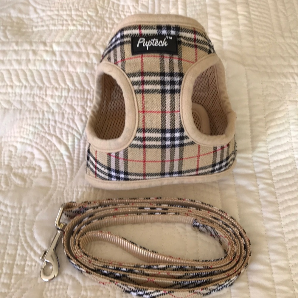 Pupteck Beige Plaid Puppy Harness & Leash Sz SM